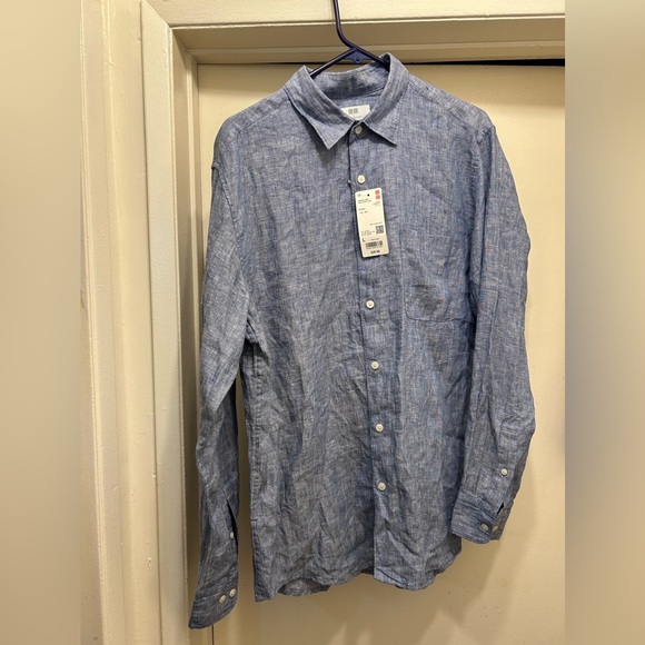 NWT Uniqlo Premium Linen Long Sleeve Shirt Men's Large NEW Blue - Picture 10 of 10